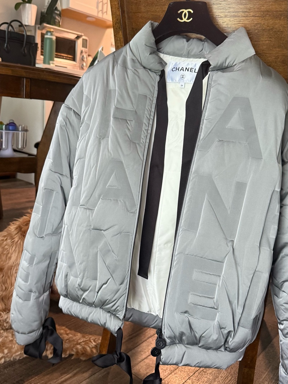 CHANEL Light Gray Quilted Logo Puffer Jacket - Picture 5 of 5